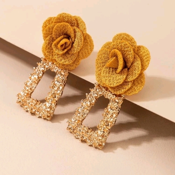 Gold Hoop Statement Earrings Yellow Rose Chunky Boho Dangle Floral 💖2/$30 - Picture 8 of 12